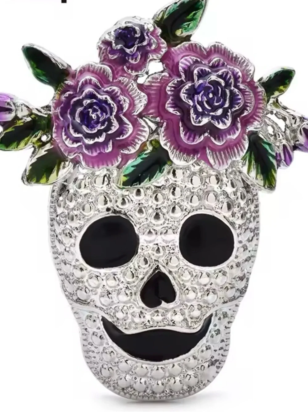 Silver Skull Brooch with Purple Floral Accent